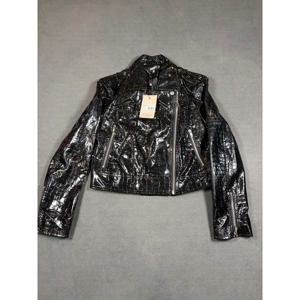Missguided Petite Croc Boxy Biker Jacket Womens Size 4 Black Faux Leather Moto
